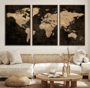 Brown World Map Canvas Print – Modern Travel Map Wall Art,