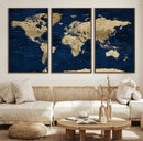 Navy Blue World Map Canvas Print – Detailed Map Minimal Navy