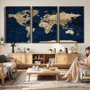 Navy Blue World Map Canvas Print – Detailed Map Minimal Navy