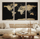 Beige World Map Canvas Wall Art Print, Minimal Black and
