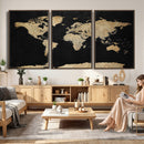 Beige World Map Canvas Wall Art Print, Minimal Black and