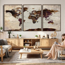 World Map Canvas Triptych – Colorful Global Wall Art for