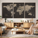World Map Canvas Wall Art Dark Charcoal Antique Tan Detailed