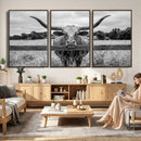 Black White Texas Longhorn Bull Canvas Wall Art, Western Ranch Cattle Photography Print, Rustic Farmhouse Cowboy Decor Artwork by MyGreatCanvas | Canvas Wall Art Prints | Photo Prints & Wall Decor