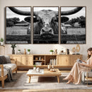 Black White Texas Longhorn Bull Canvas Wall Art, Western Ranch Cattle Photography Print, Rustic Farmhouse Cowboy Decor Artwork