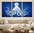 Large 3-Panel Blue Octopus Canvas Wall Art | Coastal Marine by MyGreatCanvas | Canvas Wall Art Prints | Photo Prints & Wall Decor