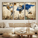 World Map Canvas Print – Vintage Blue and Gold World Map