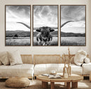 Longhorn Black and White Wall Art – Rustic Western Bull