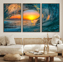 Ocean Wave Sunset Wall Art | Large Coastal Wave Canvas Print