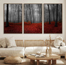 Red Forest Floor Canvas Wall Art – Mystical Foggy Woodland