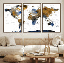 Modern Abstract World Map Canvas Wall Art – Framed Blue and