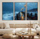 Stormy Night at Beach Pier Oil Painting Large Wall Art