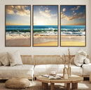 Golden Sunset Beach Triptych Canvas Wall Art for Living Room
