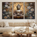 Golden Buddha Wall Art Canvas Print | Zen Meditation Floral
