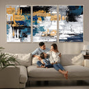Blue and Gold Abstract Canvas Wall Art – Triptych Modern