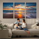 Sunset on the Ocean Beach with Waves, Reflections on Sand,