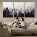 Foggy Black and White Forest Canvas Wall Art, 3 Panel Misty