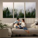 Misty Pine Forest Wall Art Canvas Print | 3 Panel Green