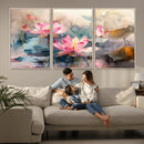 Lotus Flower Wall Art | 3-Panel Giclee Canvas Print of Pink