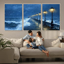 Stormy Ocean Pier Lights Canvas Wall Art Print - Large Moody