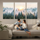 Misty Pine Forest Wall Art Canvas, Sunrise Over Foggy Trees