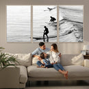 Surfers on Waves Wall Art Canvas Print – Framed Black and