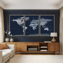 Blue Detailed World Map Wall Art Canvas Print, Modern Framed