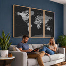 Black World Map Wall Art Canvas Print – Detailed Map of the