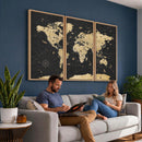 Vintage Blue and Brown World Map Canvas Wall Art – Framed
