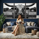 Black White Texas Longhorn Bull Canvas Wall Art, Western Ranch Cattle Photography Print, Rustic Farmhouse Cowboy Decor Artwork