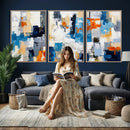 Blue Teal Abstract Canvas Wall Art, Modern Textured Painting Print, Navy Orange White Contemporary Art, Neutral Living Room Decor, Office Art by MyGreatCanvas | Canvas Wall Art Prints | Photo Prints & Wall Decor