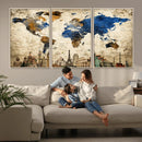 World Map Canvas Print – Vintage Blue and Gold World Map