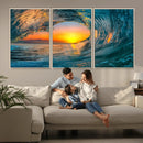 Ocean Wave Sunset Wall Art | Large Coastal Wave Canvas Print