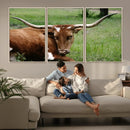 Longhorn Steer Canvas Wall Art – Rustic Nature Triptych
