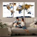 Modern Abstract World Map Canvas Wall Art – Framed Blue and