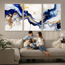 Golden Cascades on Midnight Blue – Deep Blue Abstract Wall