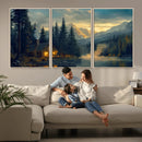 Mountain Cabin by the Lake at Sunset Wall Art - Serene