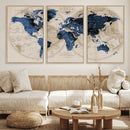 Vintage Blue World Map Canvas Wall Art – Antique Style