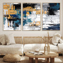 Blue and Gold Abstract Canvas Wall Art – Triptych Modern