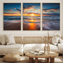 Sunset on the Ocean Beach with Waves, Reflections on Sand,