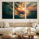 Ocean Wave Sunset Canvas Wall Art – Triptych Seascape Print