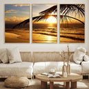 Golden Tropical Beach Sunset Canvas Triptych, Coastal Palm