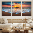 Sunset Beach Canvas Wall Art – Colorful Ocean Waves Triptych