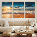 Golden Sunset Beach Triptych Canvas Art, Giclee Coastal Wall