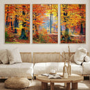 Autumn Red Forest Triptych Canvas Wall Art Print, Forest