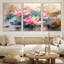 Lotus Flower Wall Art | 3-Panel Giclee Canvas Print of Pink