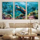 Sea Turtle and Coral Reef Triptych Wall Art – Vibrant