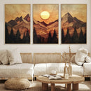 Wood Style Abstract Mountain Sunset Canvas Wall Art Print -