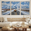 Bison Wall Art - Snowy Road Wall Art – Framed Mountain by MyGreatCanvas | Canvas Wall Art Prints | Photo Prints & Wall Decor