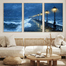 Stormy Ocean Pier Lights Canvas Wall Art Print - Large Moody